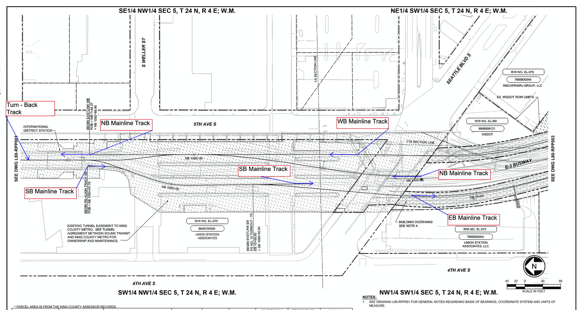 Schematic of the turnback track at International District/Chinatown Station and its relationship to the mainline tracks southward for Central Link and East Link. (Sound Transit)