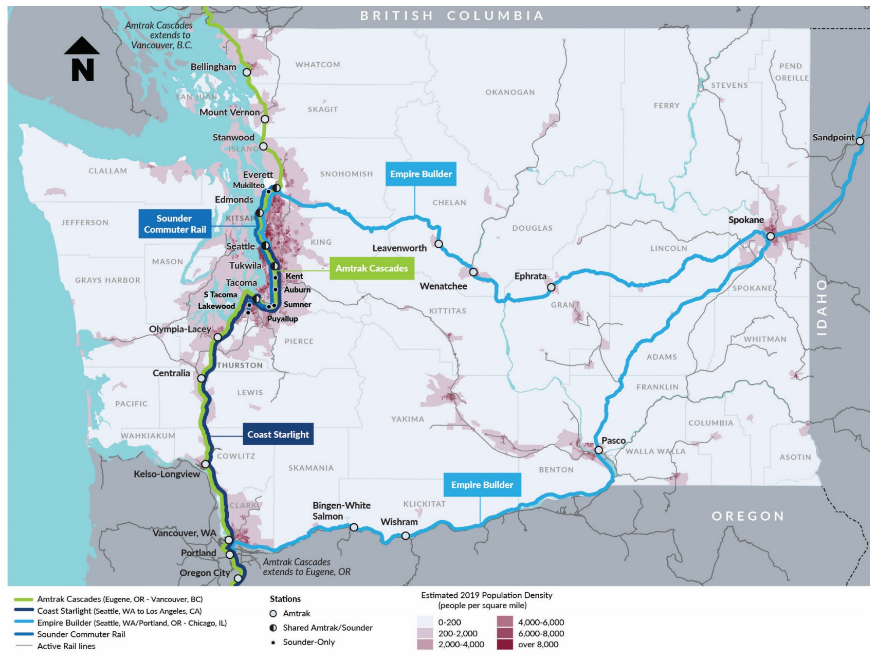 Map of the passenger rail system in Washington State highlighting the southern and northern fork of the Empire Builder--Amtrak's route to Chicago. (WSDOT)