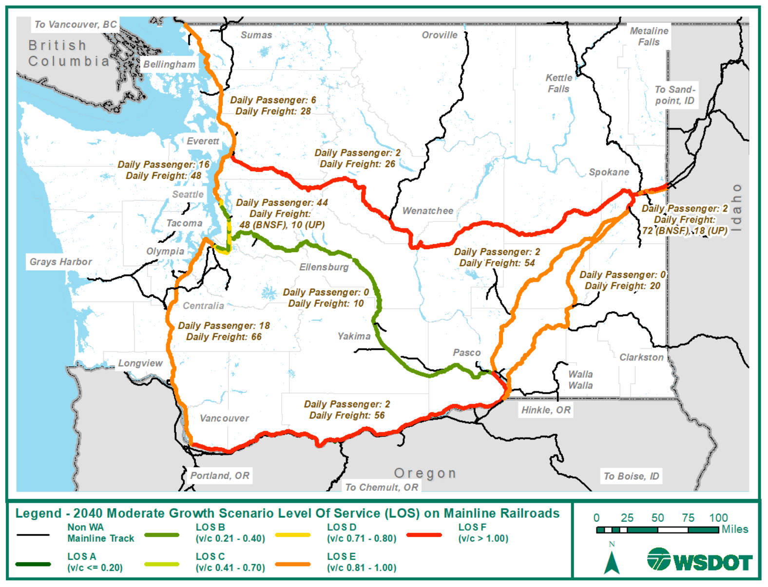 A map of the 2040 moderate-growth scenario LOS on mainline railways in Washington. (WSDOT)