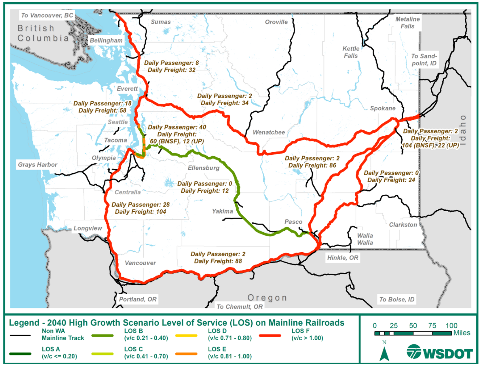 A map of the 2040 high-growth scenario LOS on mainline railways in Washington. (WSDOT)