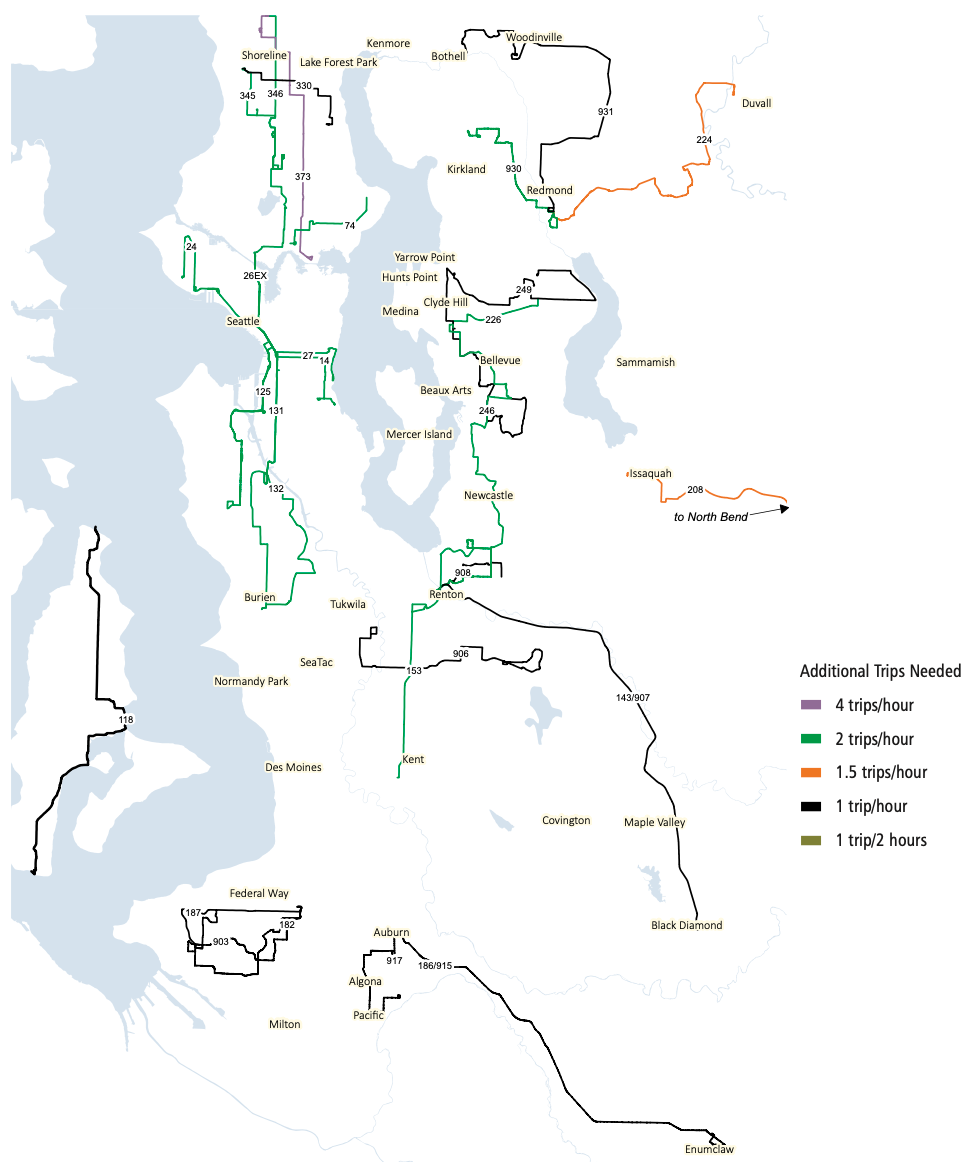 Corridors that need more midday service (9am to 3pm) for ridership growth. (King County)