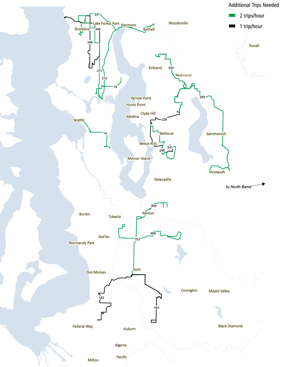 Corridors that need more nightime service (after 7pm) for ridership growth. (King County)