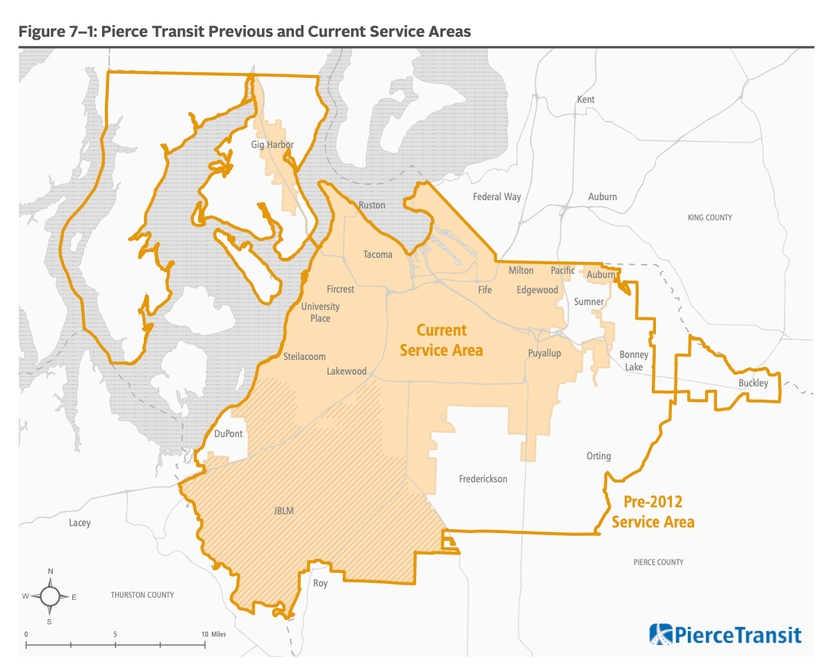 Pierce Transit's service area and taxing district is much smaller than it was in the early 2010s. (Pierce Transit)
