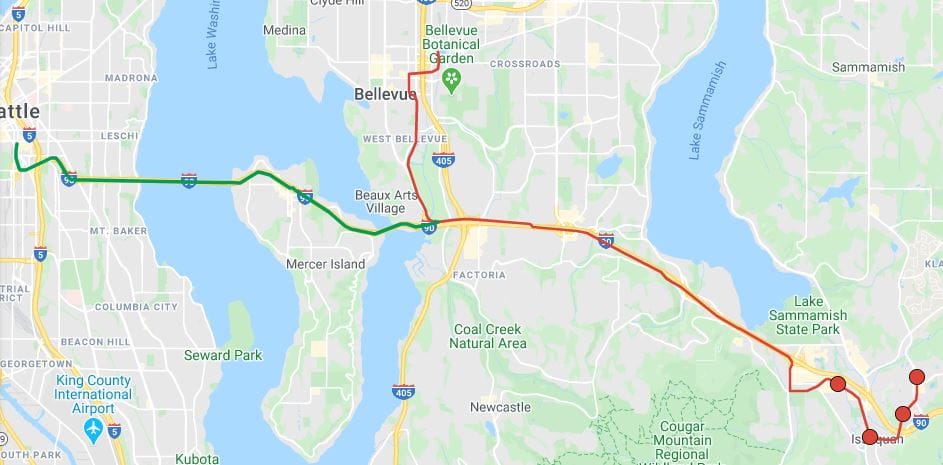 Building a three-way interchange at the Mercer Slough could routes to both Seattle and Bellevue. (Google Maps, edits by Hyra Zhang)