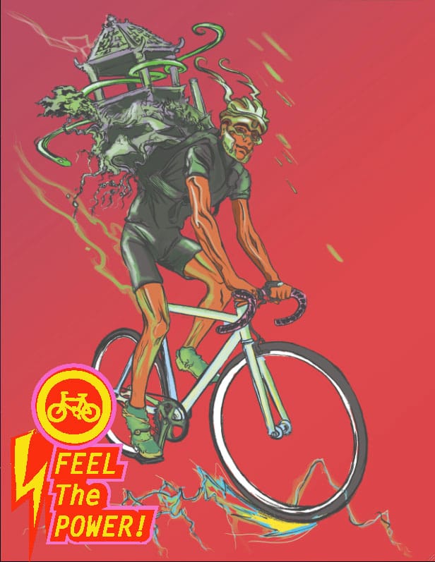 "Feel the Power" graphic features a biker carrying a gazebo on his back. (Reed Olson)