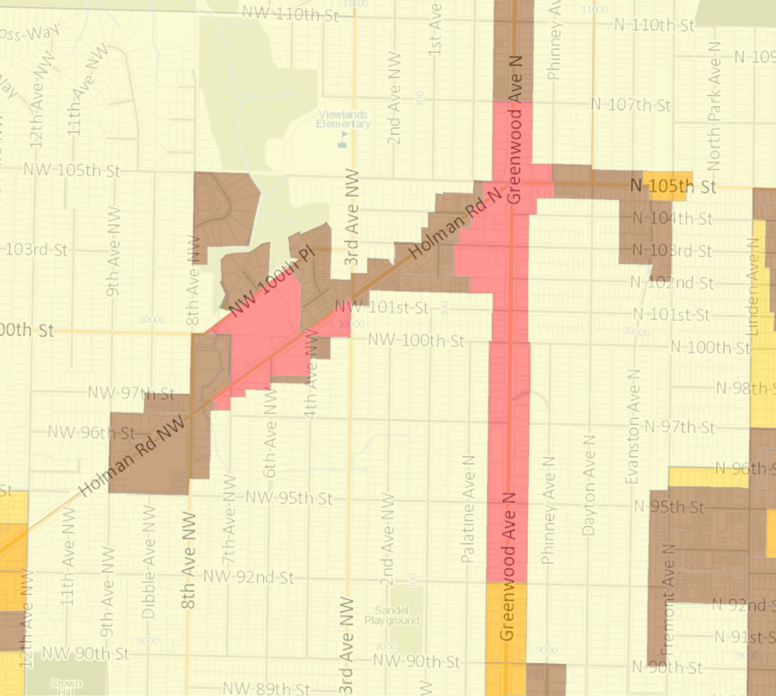 Zoning map showing commercial cluster. The commercially zoned areas are extremely thin, on a background of single family zoning.