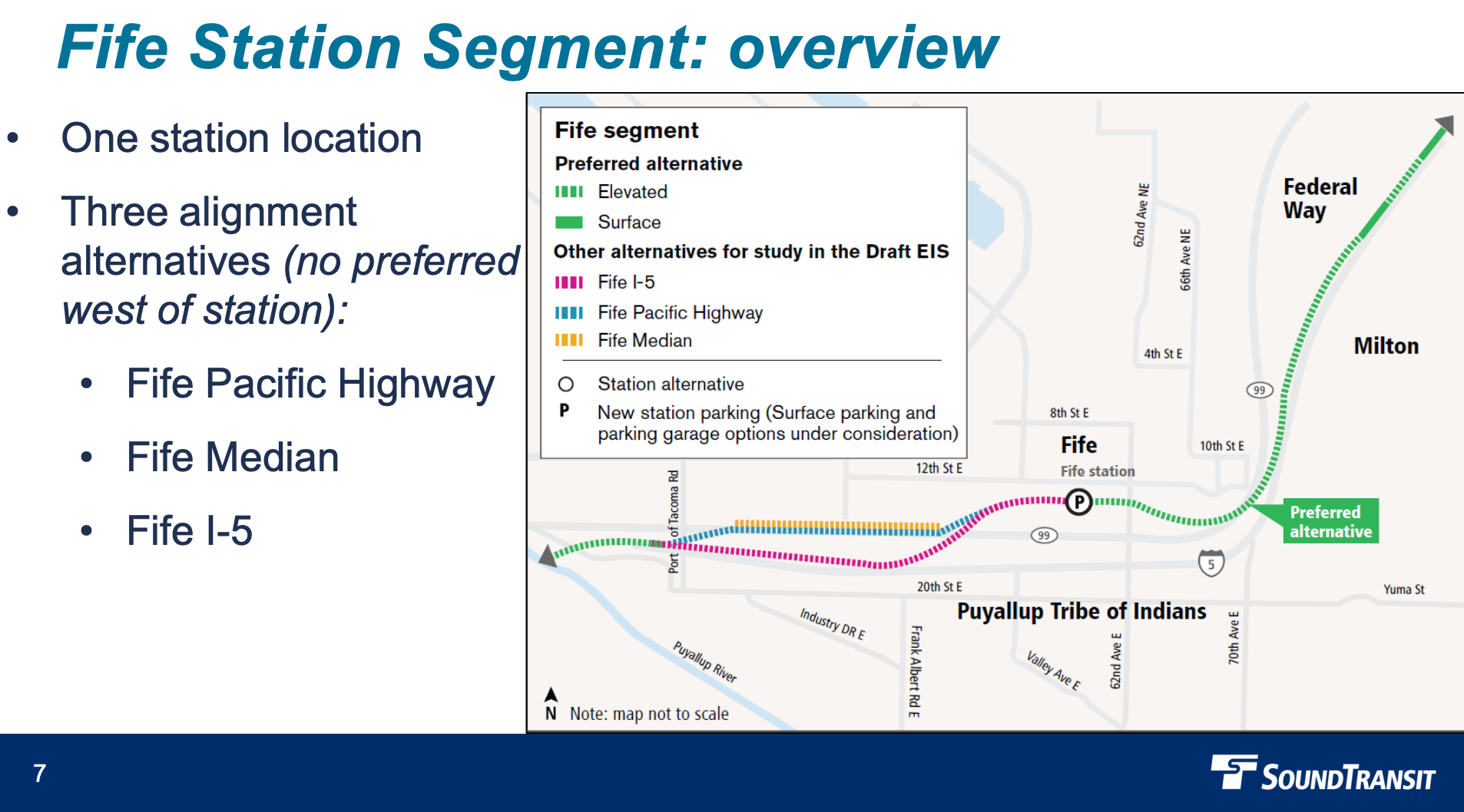 Overview of the Fife segment, including station and alignment options. (Sound Transit)