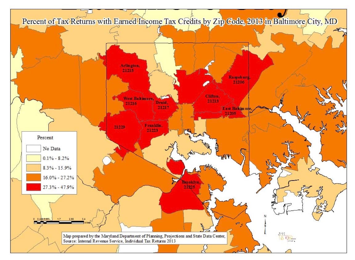 Demographics belie the wall between Baltimore City and Baltimore County. Here, Earned income Tax Credits show the "Black Butterfly", predominately Black communities in the city boundaries. (EIC by Zip Code, Maryland Department of Planning)