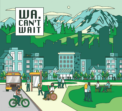 
                     A drawing of a city with people in transit, biking, walking, rolling a wheelchair, and sitting in a park with mountains in ba
                     