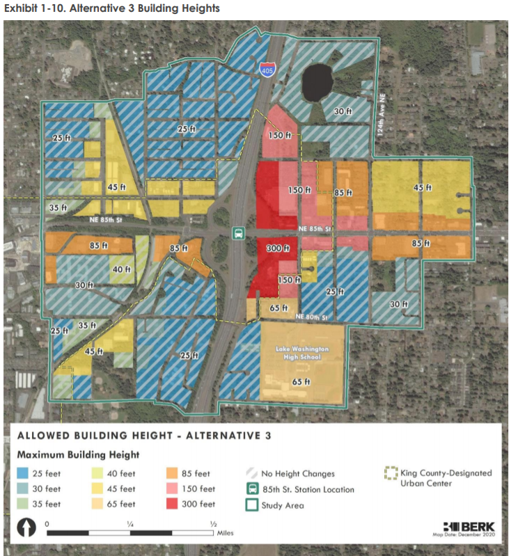 A row 300-foot office tower could line I-405 in Alternative 3 with 150 mixed use towers just beyond that. There's also lots of 25-foot zoning. (Credit: Mithun)