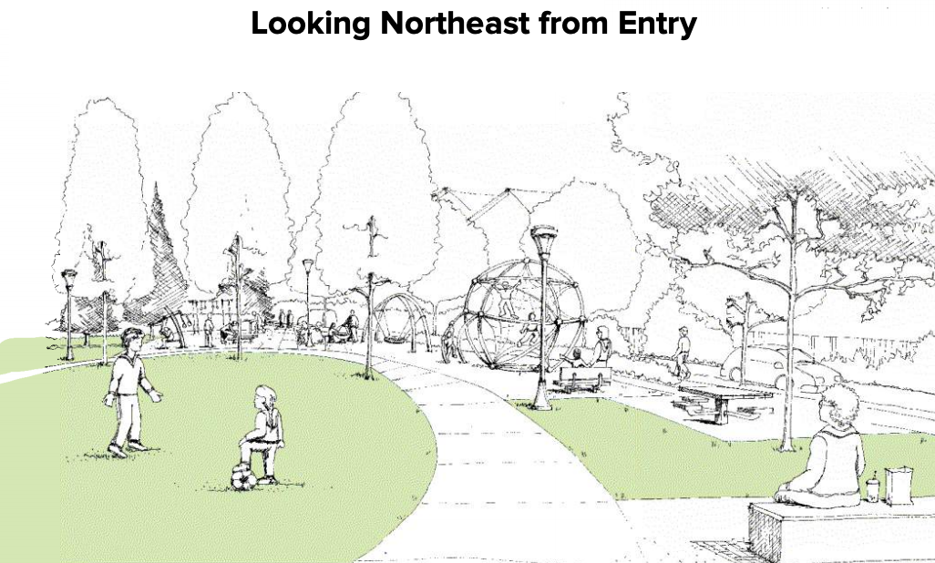 A drawing shows a potential view from the North East entry where it is possible to observe children playing soccer in the central lawn,  person seated on a bench eating, and families playing near a climbing structure and other play equipment. 