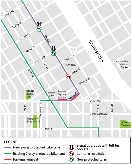 Map of bike lane between Seneca and Yesler