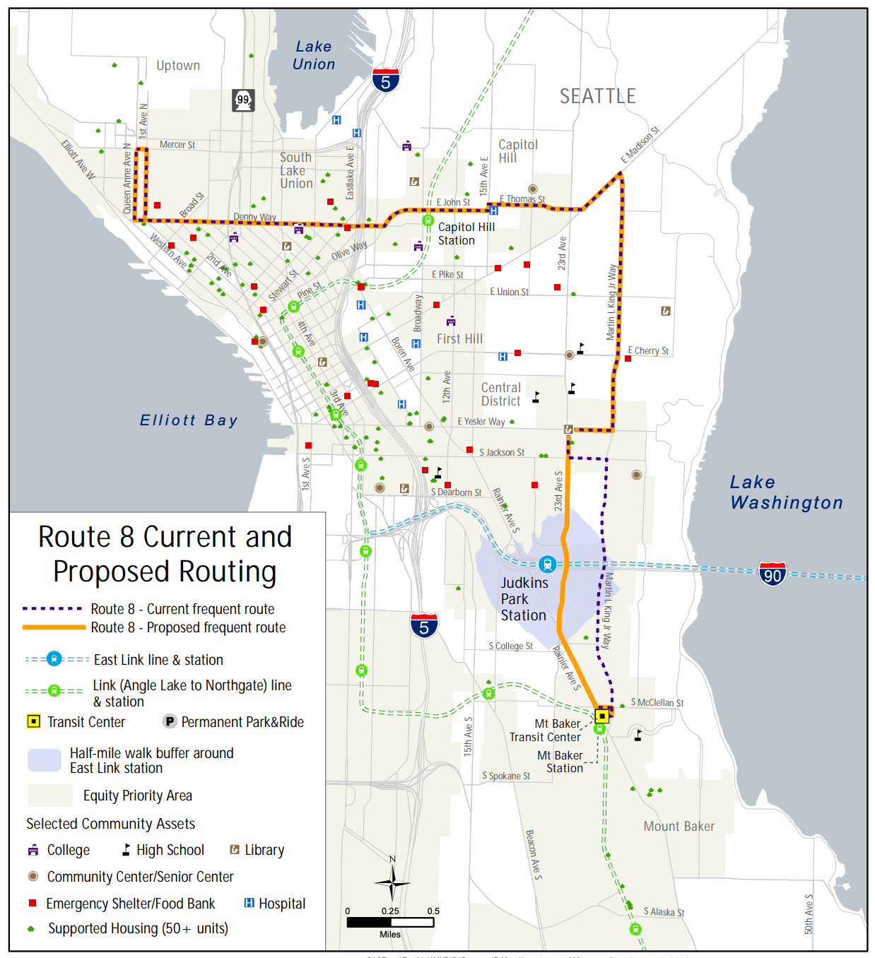 A map shows the proposed reroute of Route 8 from MLK Way to 23rd Avenue south of Yesler in order to offer connections to Judkins Park Station..
