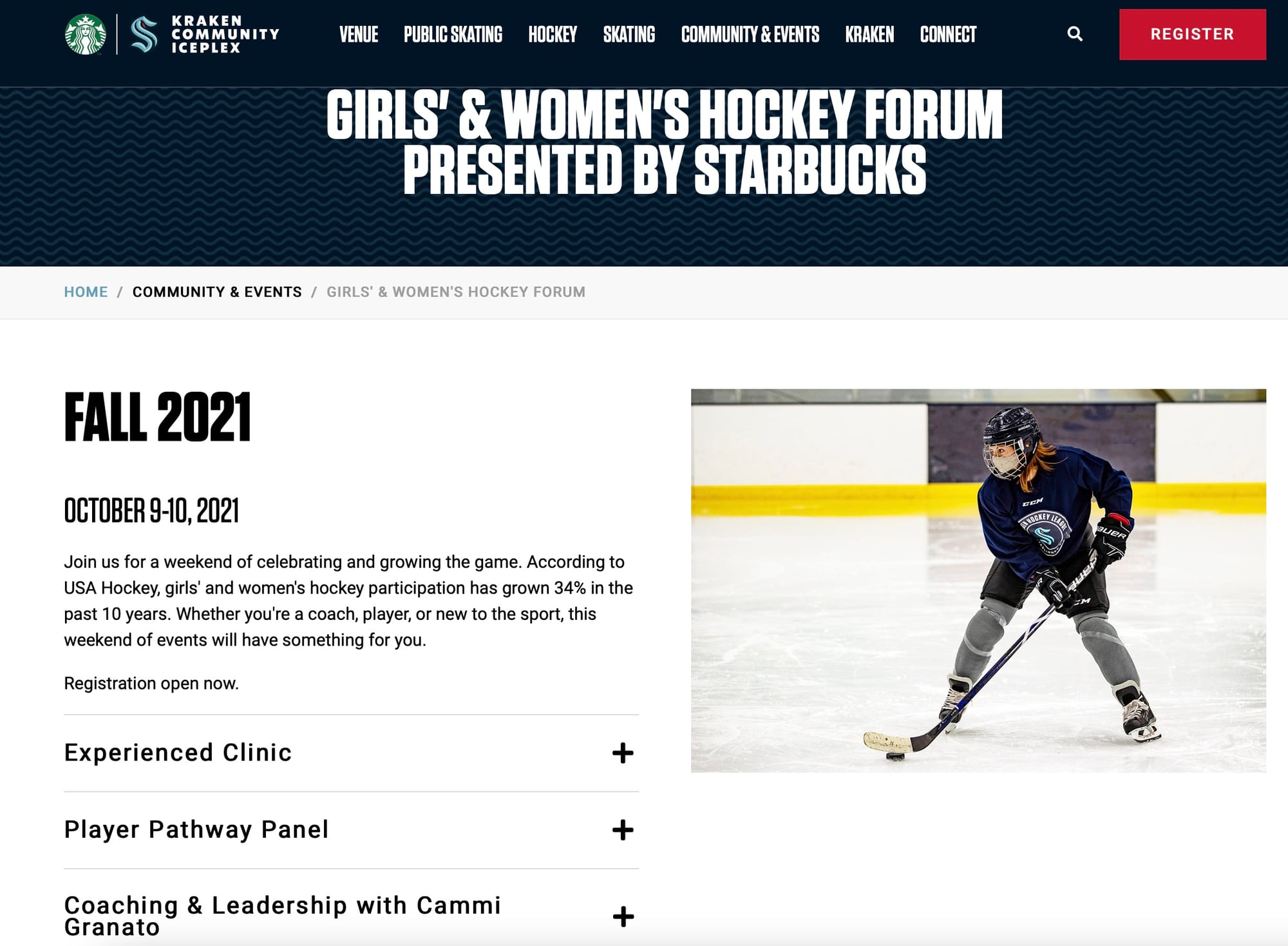 A screenshot of a girls and women's hockey forum to be held in fall 2021 and sponsored by Starbucks. 