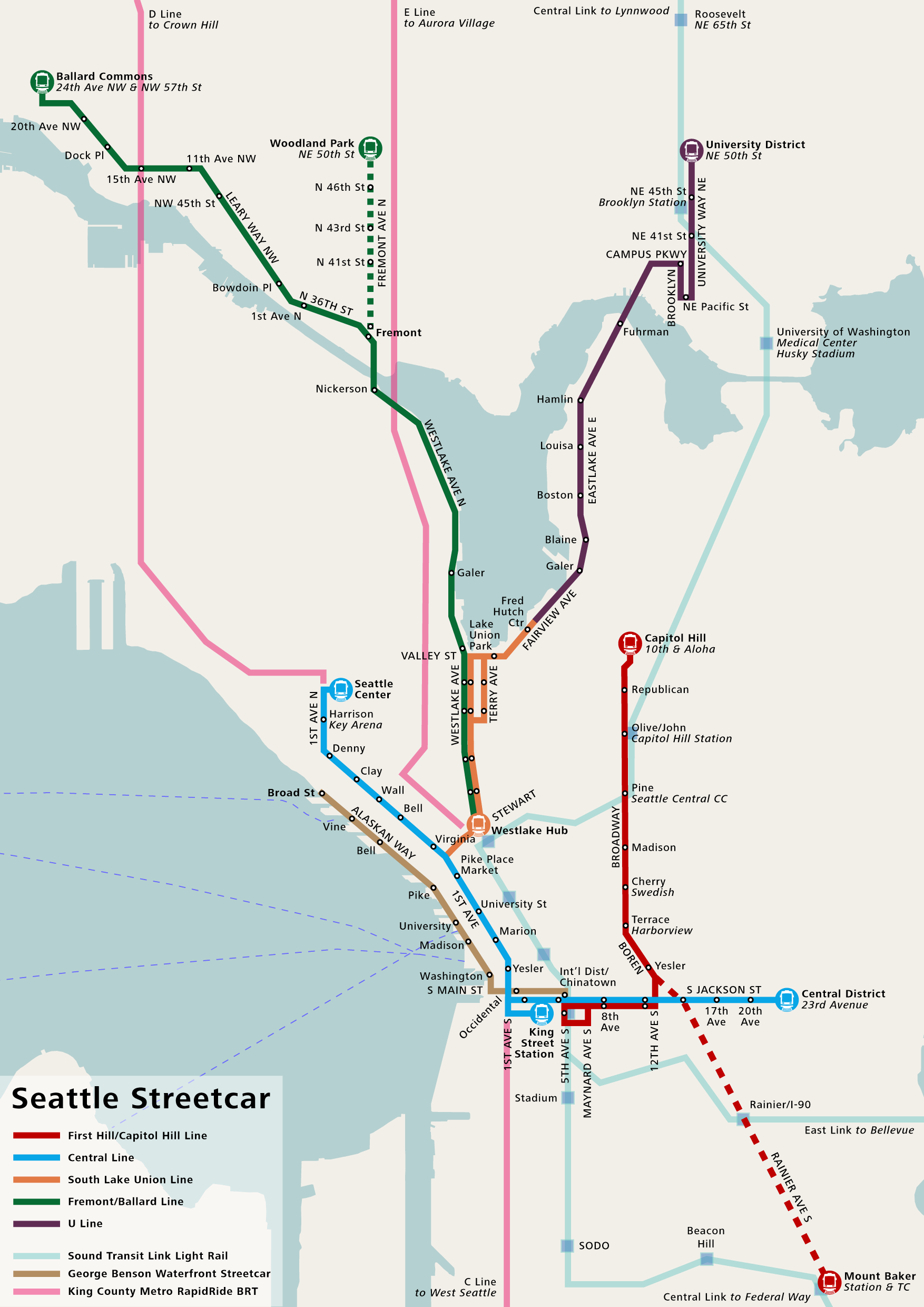 The First Hill Line is in red, A Central Line (in blue) would connect the Central District to the Seattle Center via 1st Avenue. South Lake Union Line was orange. Fremont/Ballard Line is green. The U Line is black.