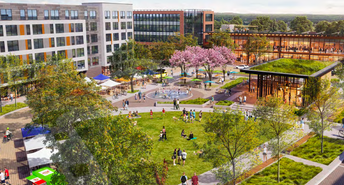 
                     A rendering shows a green space next to a plaza with a fountain where people are gathering. The top portion of the rendering
                     
