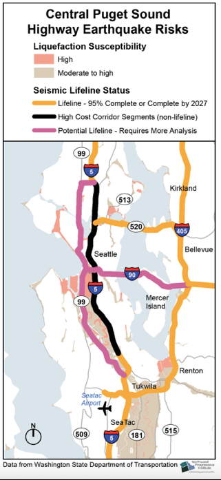 A map showing Center Puget Sound Highway Earthquake Risks, including liquefaction susceptibility and seismic lifeline status. 