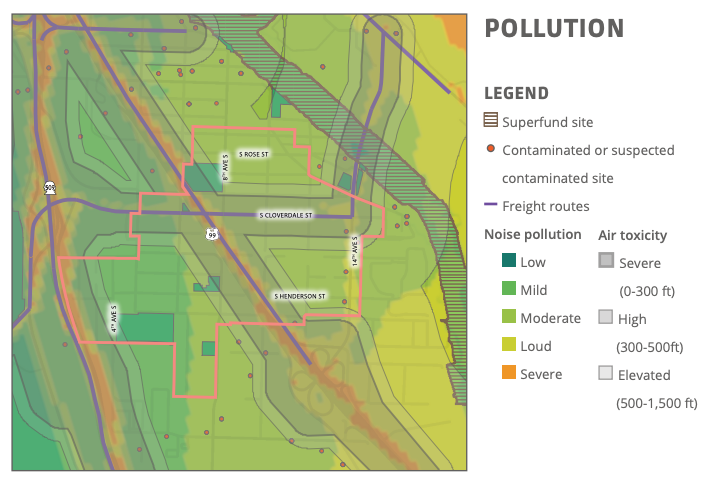 Map showing South park with two heavy lines with clouds around them showing noise and air pollution, with the Duwamish river also showing pollution
