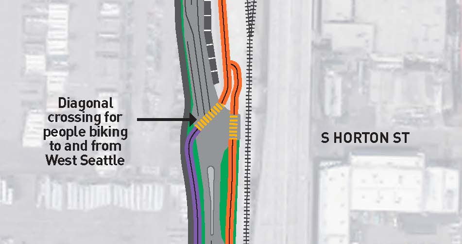 Drawing, slightly cartoonish, showing diagonal crossing at S Horton Street for bike rider transition.