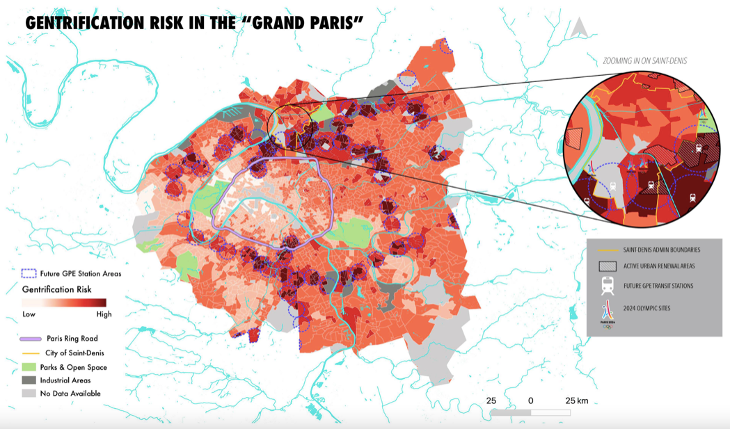 A graphic labeled "Gentrification Risk in the 'Grand Paris'"  Rail station areas are darker red for gentrification risk.