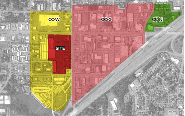 A map showing the three zone areas for Lynnwood City Center, CC-W, CC-C, and CC-N.