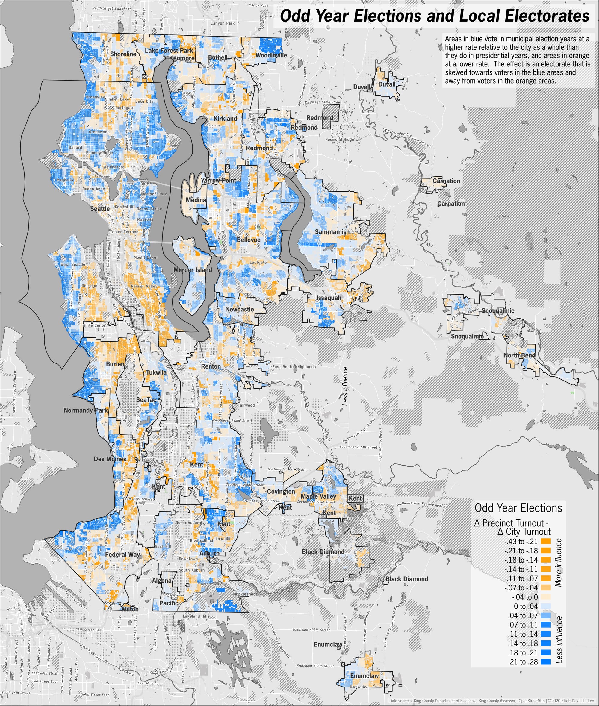A caption reads "Areas in blue vote in municipal election years at a higher rate relative to the city as a whole than they do in presidential years, and areas in orange at a lower The effect is an electorate that is skewed towards voters in the blue area and away from the voters in the orange areas." The areas in blue tend to the wealthiest areas in the county. The areas in orange are some of the more racially diverse and tenant-heavy areas.