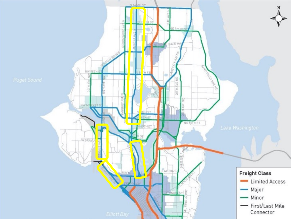 Map of Seattle from downtown North, with boxes around the listed streets and trucks streets drawn in