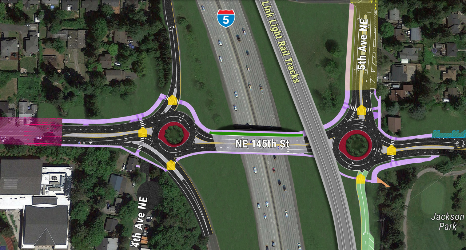 Rendering showing entire interchange with two roundabouts and future expansion on top of properties west