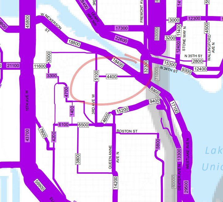 A map of Queen Anne arterials with thickness of lines matching volumes of traffic. Florentia is one of the thinnest lines but not the thinnest