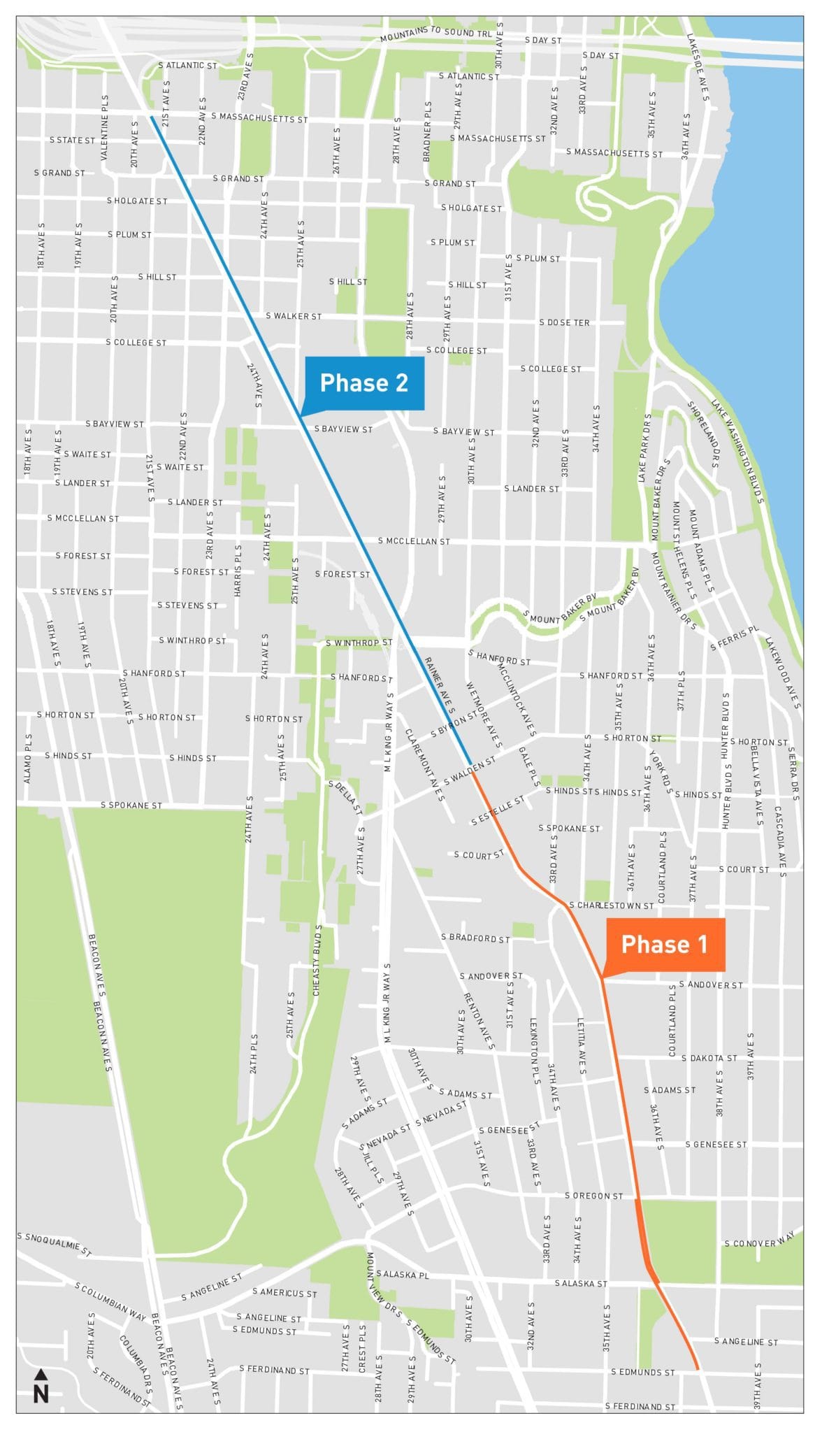 A map showing Phase 1 and Phase 2 of the northbound bus lane addition to Rainier Avenue.