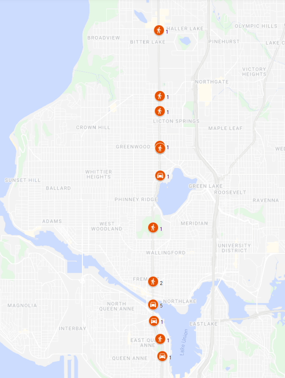 Map of Aurora Ave N with cross streets not labelled, and symbols indicating where fatalities have occurred and the travel mode