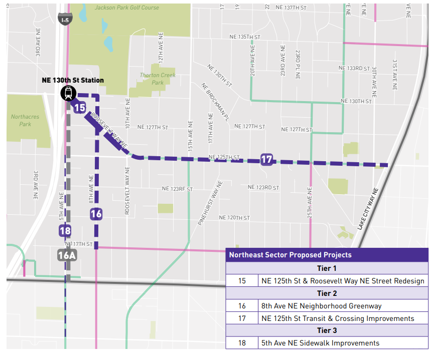 A dark line indicating improvements between Lake City Way NE and the NE 130th Street light rail station