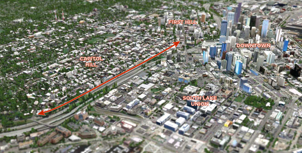A map showing an aerial view of the west end of Capitol Hill and Downtown and South Lake Union with Melrose Promenade identified in red. 