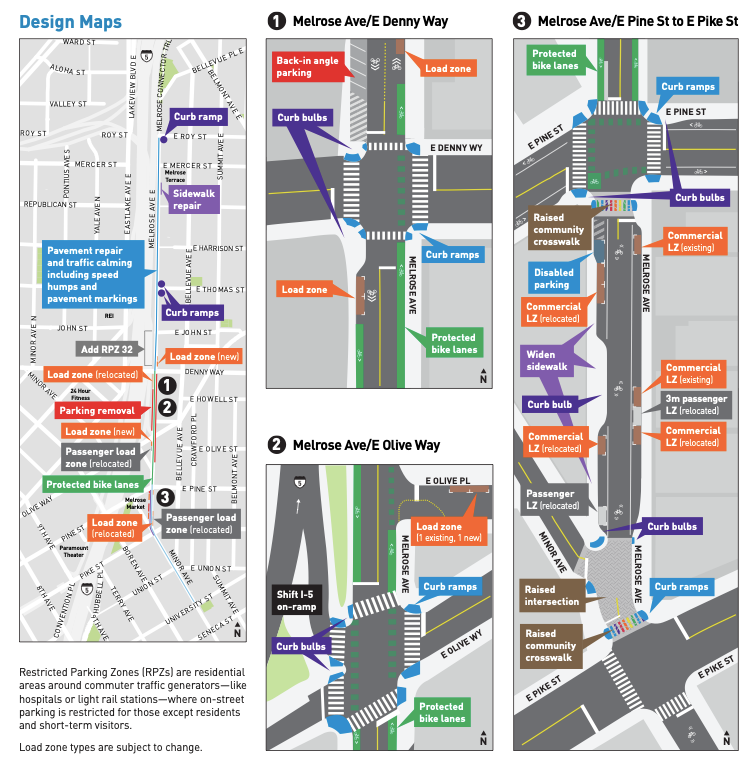 Design maps illustrating the three stages of improvements. Stage 1 = Melrose Ave/E Denny Way, Stage 2 = Melrose Ave/E Olive Way, Stage 3 = Melrose Ave/E Pine Street to E Pike Street 