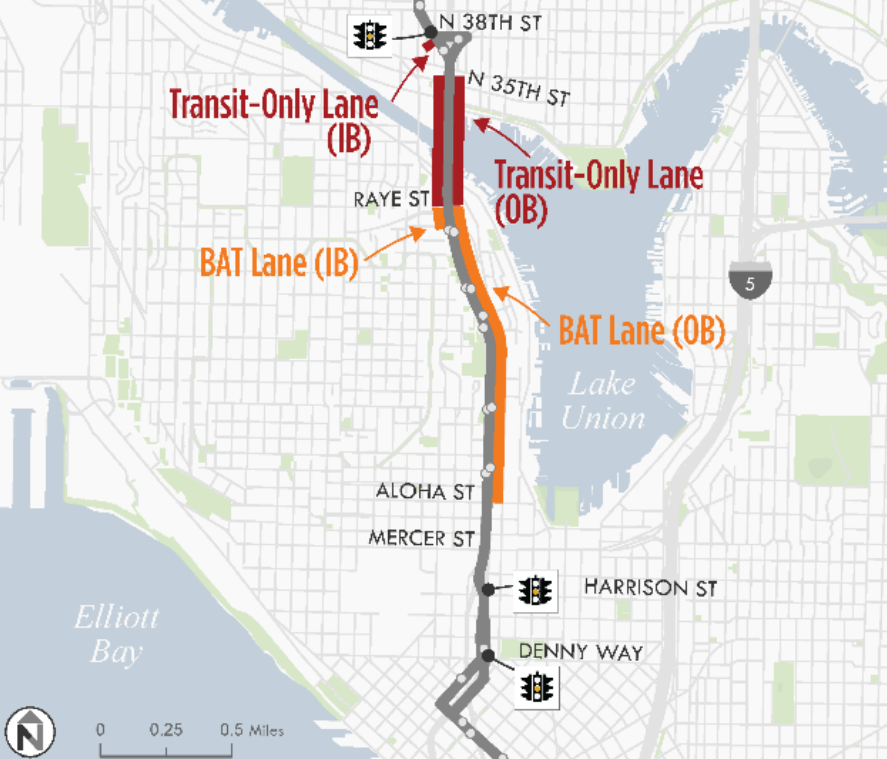 Map of Aurora Ave N between Queen Anne and Fremont with transit lanes indicated for both directions of travel