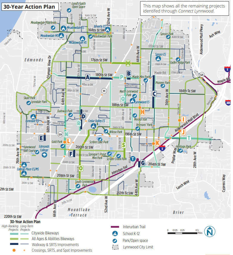30 year bike map with green on many streets indicating all ages facilities but still many gaps