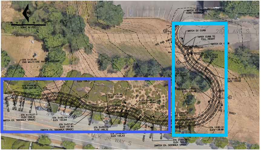 A windy path with a wave like sidewalk alongside MLK Jr Way S