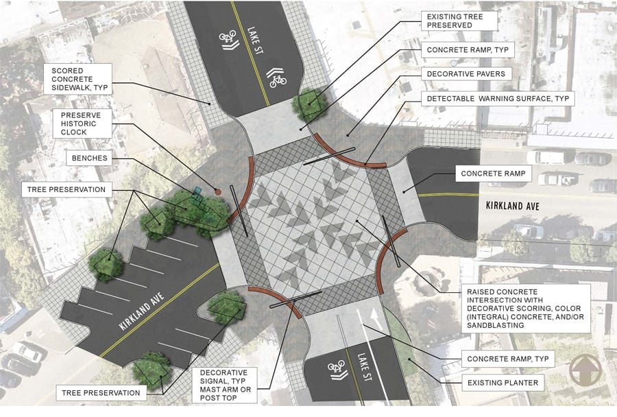 Blueprint of tabletop intersection with paving indicating that pedestrians can cross in all directions