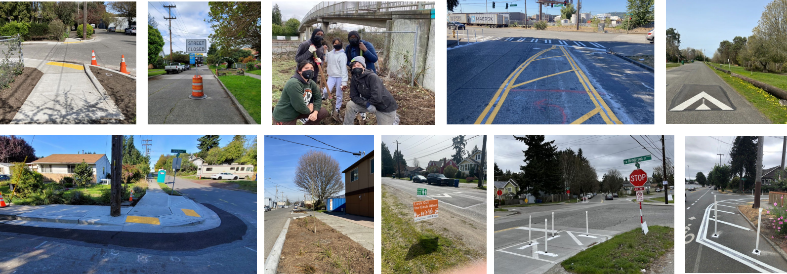 An assortment of traffic control measures including bulbouts, curb ramps, and street closure signs