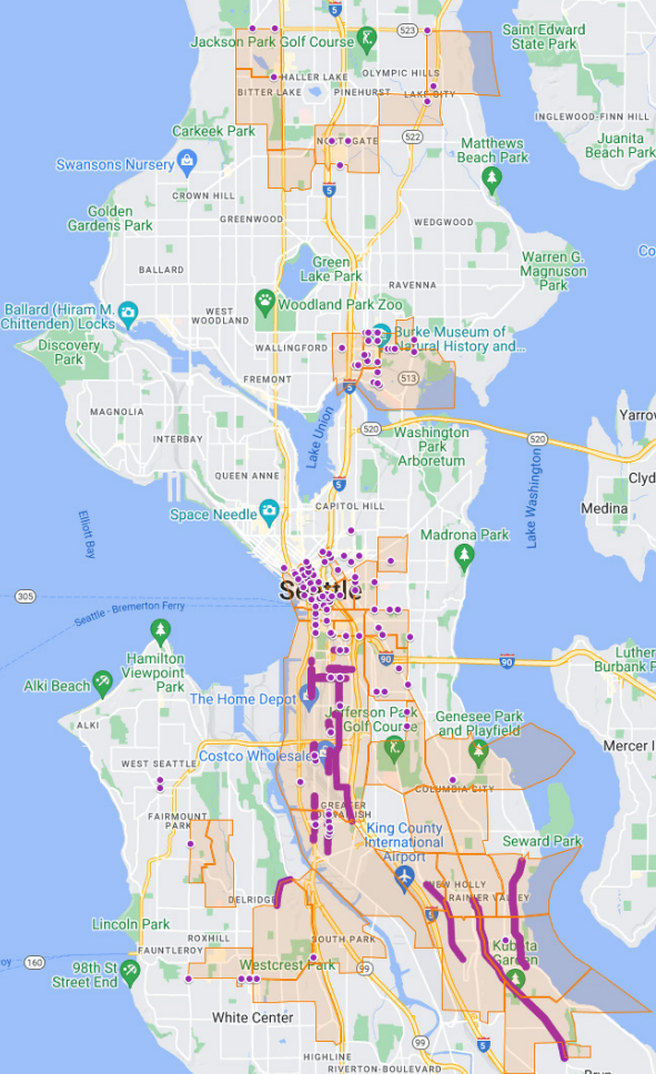 Map of Seattle with most of District 2, District 5 and the U District in orange and purple lines and dots indicating project locations mostly inside those areas
