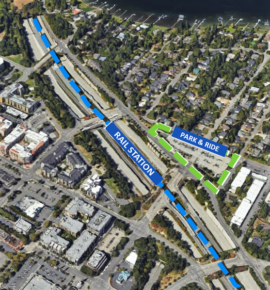 An aerial image of Mercer Island with the light rail station and park and ride highlighted