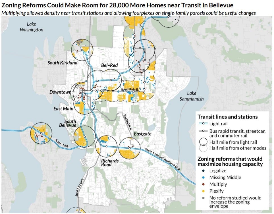 East Link will add seven stations with walksheds in Bellevue and Stride BRT will add more.