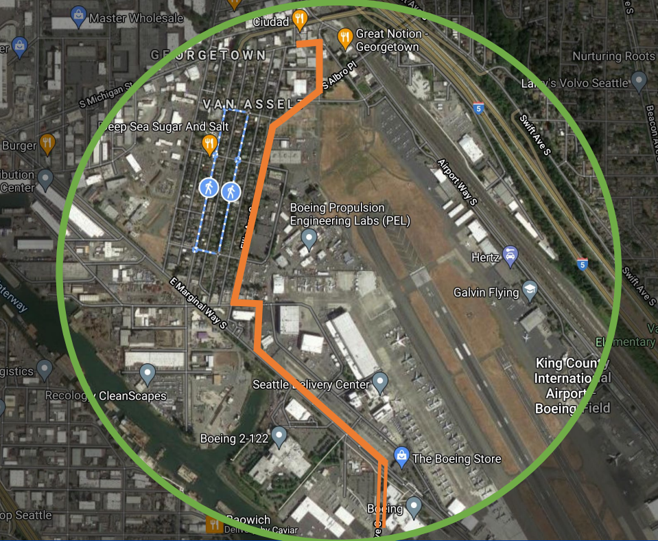 A map with Georgetown highlighted and the Georgetown to South Park trail outlined in orange