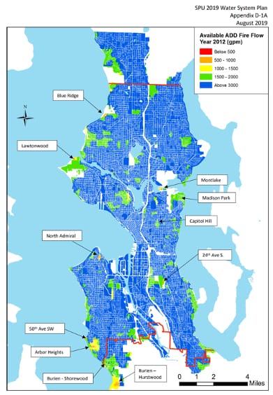 Map of the Puget Sound region with colored areas depicting available water for fire hydrant flow showing most area above 1500 gpm.