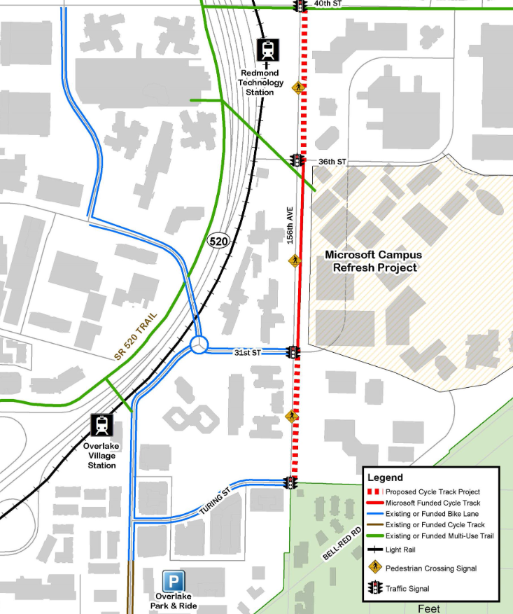 Map showing the mix of bicycle infrastructure in the Microsoft Campus area. 