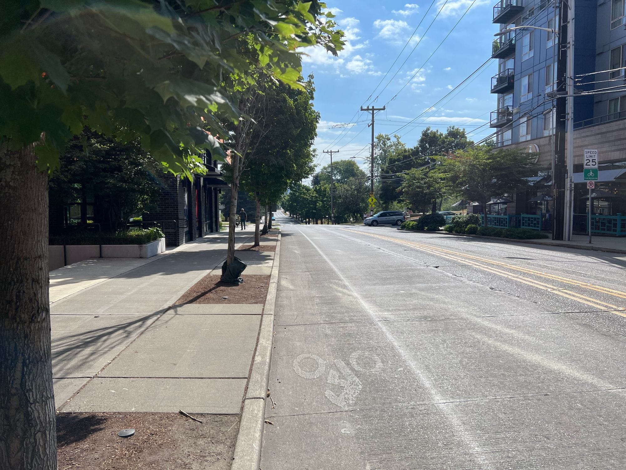 A bike lane headed westbound on South Othello St