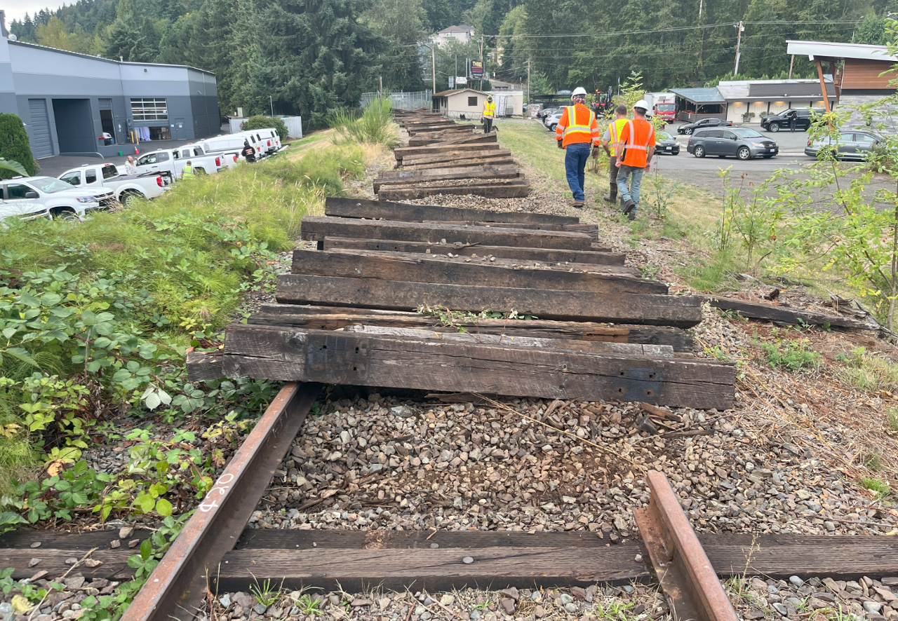 
                     Looking down an abandoned railroad with wooden ties being removed.
                     