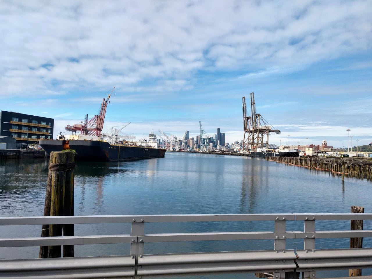 Port cranes with the Seattle skyline in the background beyond Elliott Bay.