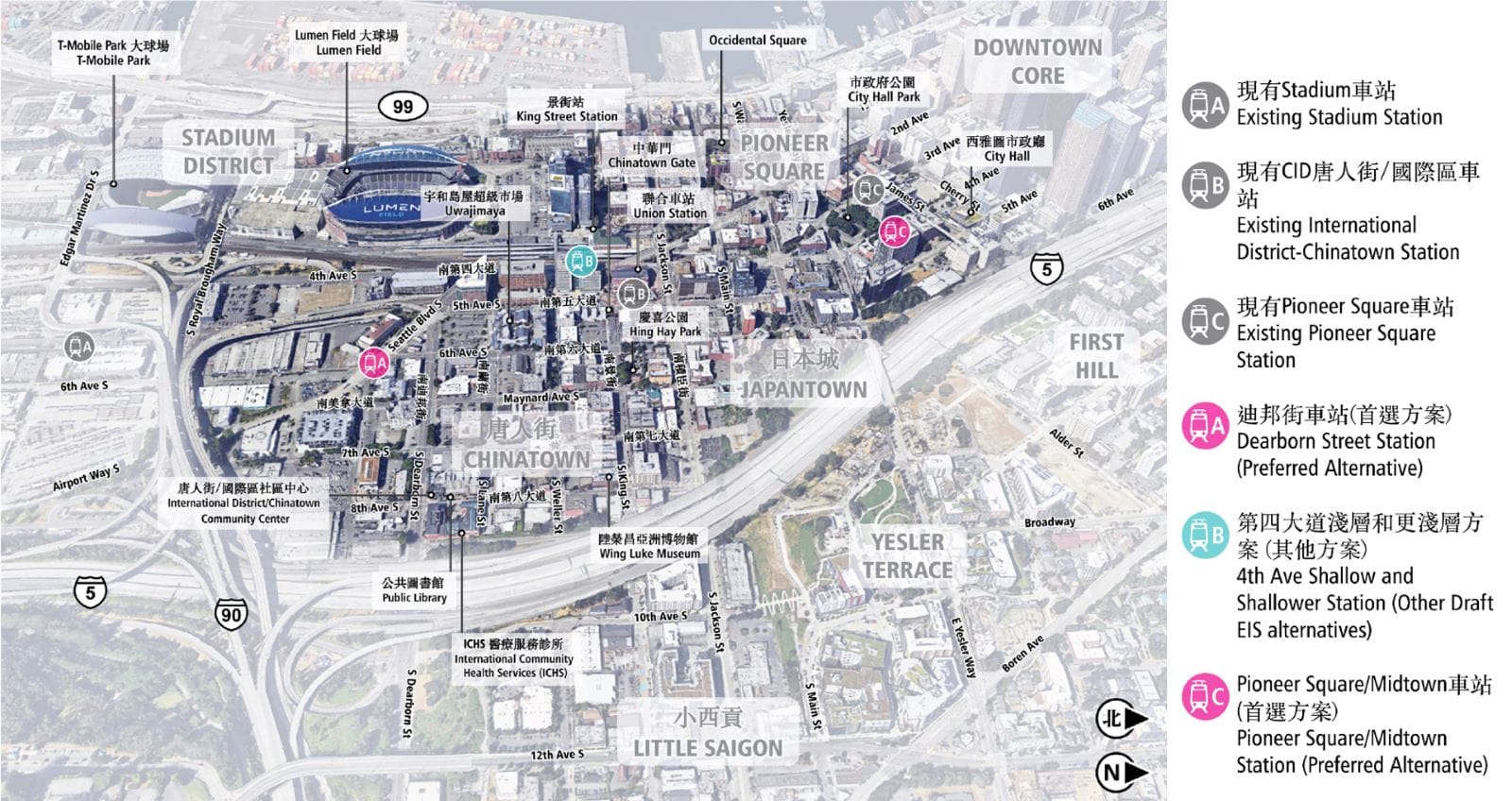 A satellite image is marked with station locations.