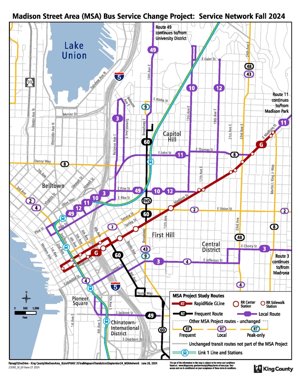 A bus route map showing Metro's fall 2024 service profile